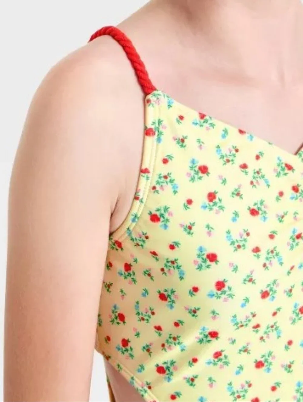 NWT Art Class Girls Yellow Floral Cutout One Piece Swimsuit Size XL 14 Plus